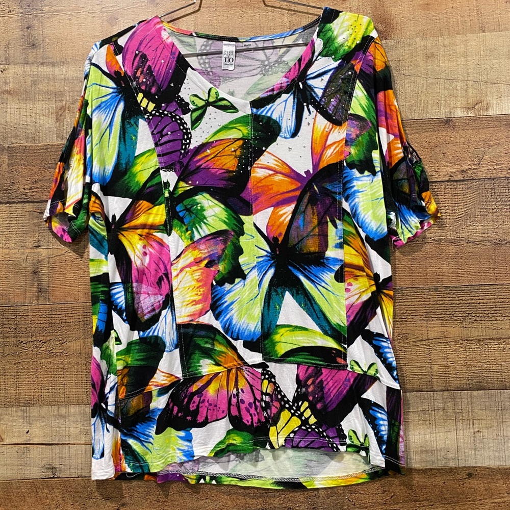 Thomas and Olivia Colorful Butterfly Embellished  Cold Shoulder Top Size Large